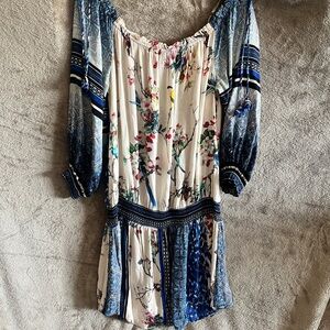 Hale Bob Cream and Blue Floral Off-Shoulder Tunic